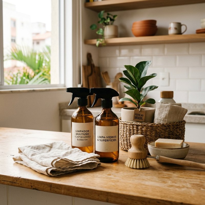 Frascos de produtos de limpeza ecológicos sobre balcão de madeira